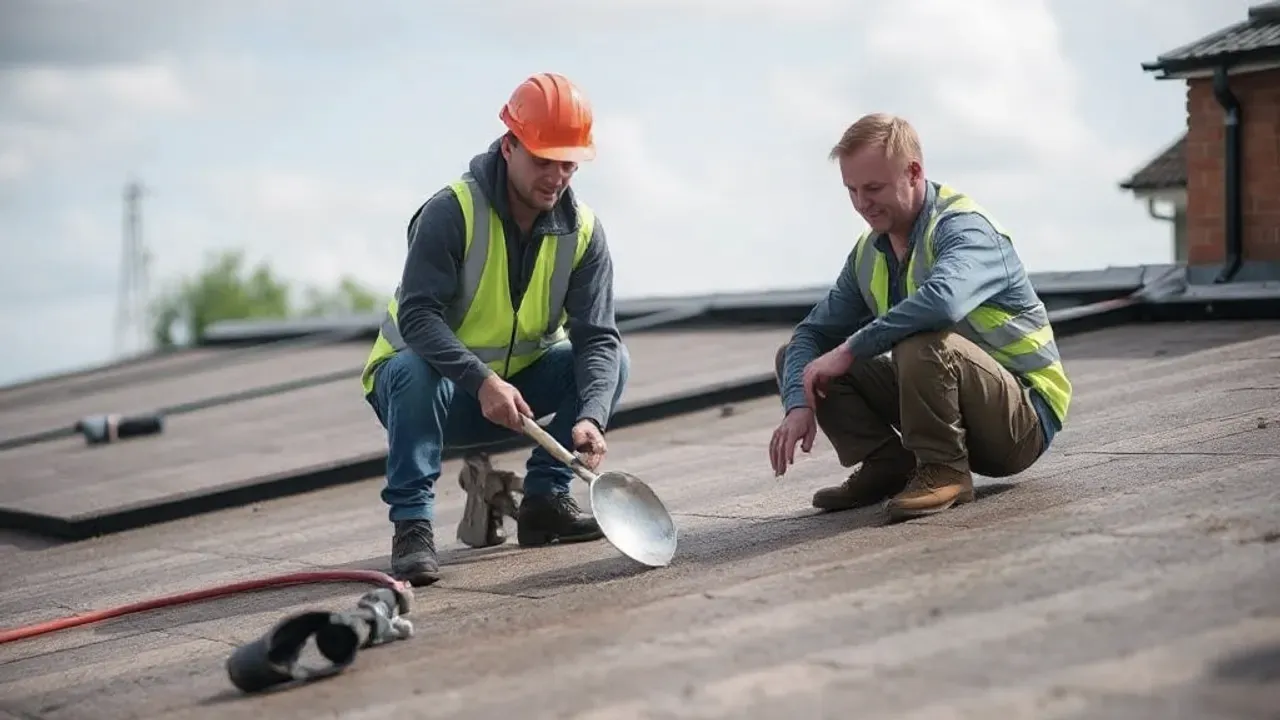 Two professionals working on Flat roof leak repair near Whitstable